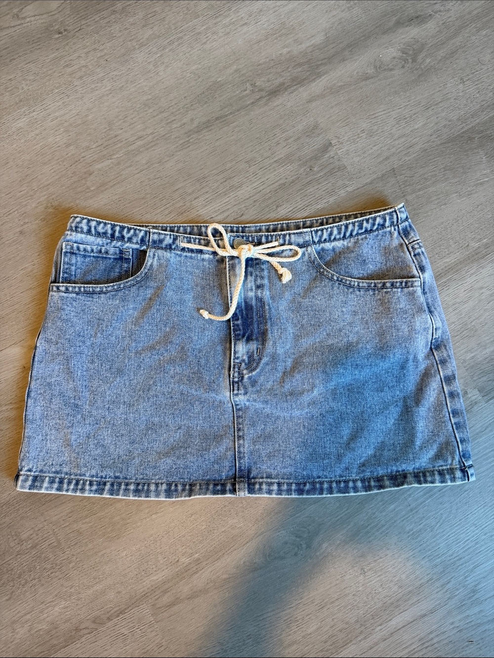 Light Blue Denim Mini Skirt with Drawstring Waist